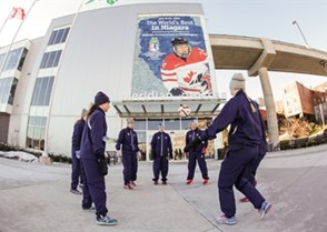 ST. CATHARINES, CANADA - JANUARY 11: Team Finland warms up with a soccer ball outdoors prior to their preliminary round match against Team Sweden at the 2016 IIHF Ice Hockey U18 Women's World Championship. (Photo by Francois Laplante/HHOF-IIHF Images)

