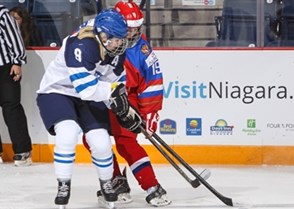 ST. CATHARINES, CANADA - JANUARY 12: Finland's Petra Nieminen #9 battles for the puck with Russia's Yekaterina Likhachyova #19 during quarterfinal round action at the 2016 IIHF Ice Hockey U18 Women's World Championship. (Photo by Francois Laplante/HHOF-IIHF Images)

