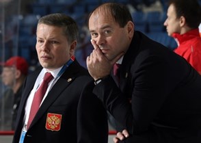 ST. CATHARINES, CANADA - JANUARY 15: Russia head coach Alexander Ulyankio and assistant coach Alexei Chistyakov look on during the warm-up prior to bronze medal game action against Sweden at the 2016 IIHF Ice Hockey U18 Women's World Championship. (Photo by Jana Chytilova/HHOF-IIHF Images)


